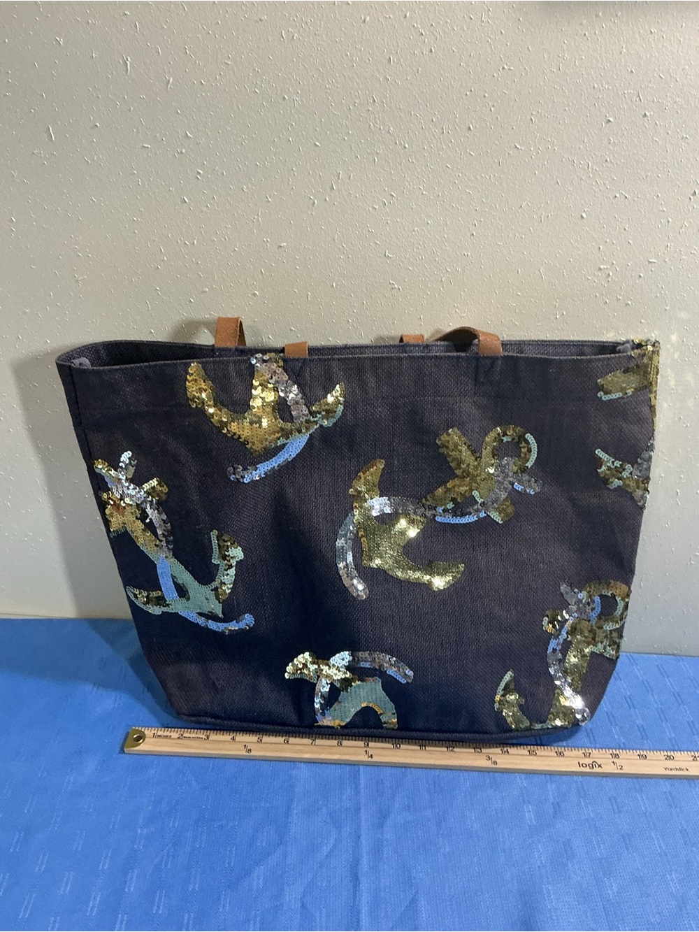 Mud Pie Black Tote with Gold and Iridescent Sequin Anchors